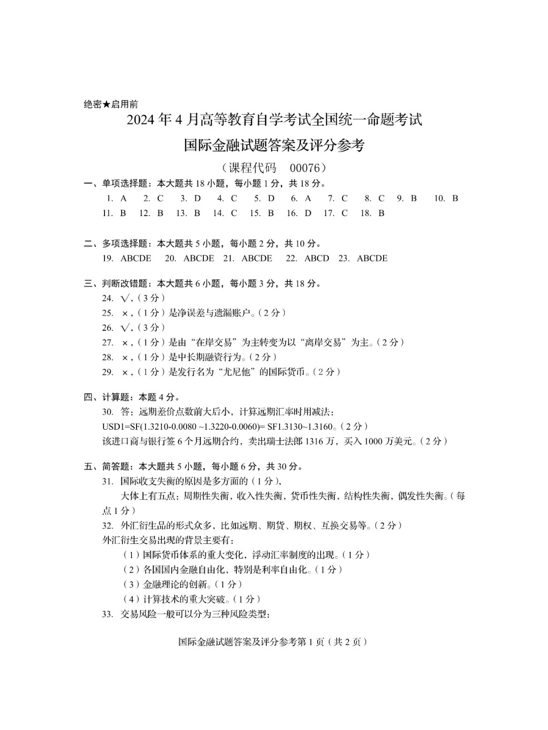 2024年4月重庆国际金融自考真题
