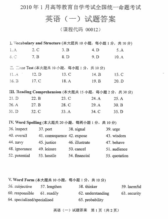 全国2010年1月自考英语(一)试题答案